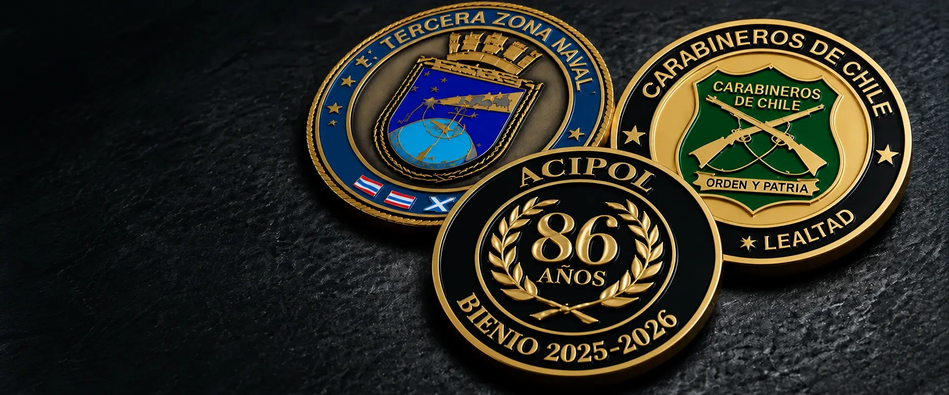 Tres monedas institucionales: Tercera Zona Naval, Carabineros de Chile y ACIPOL